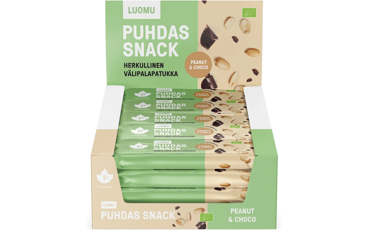 Puhdas Snack Peanut & Choco välipalapatukka, 40 g, 20-pack Säästöpakkaus, Puhdistamo