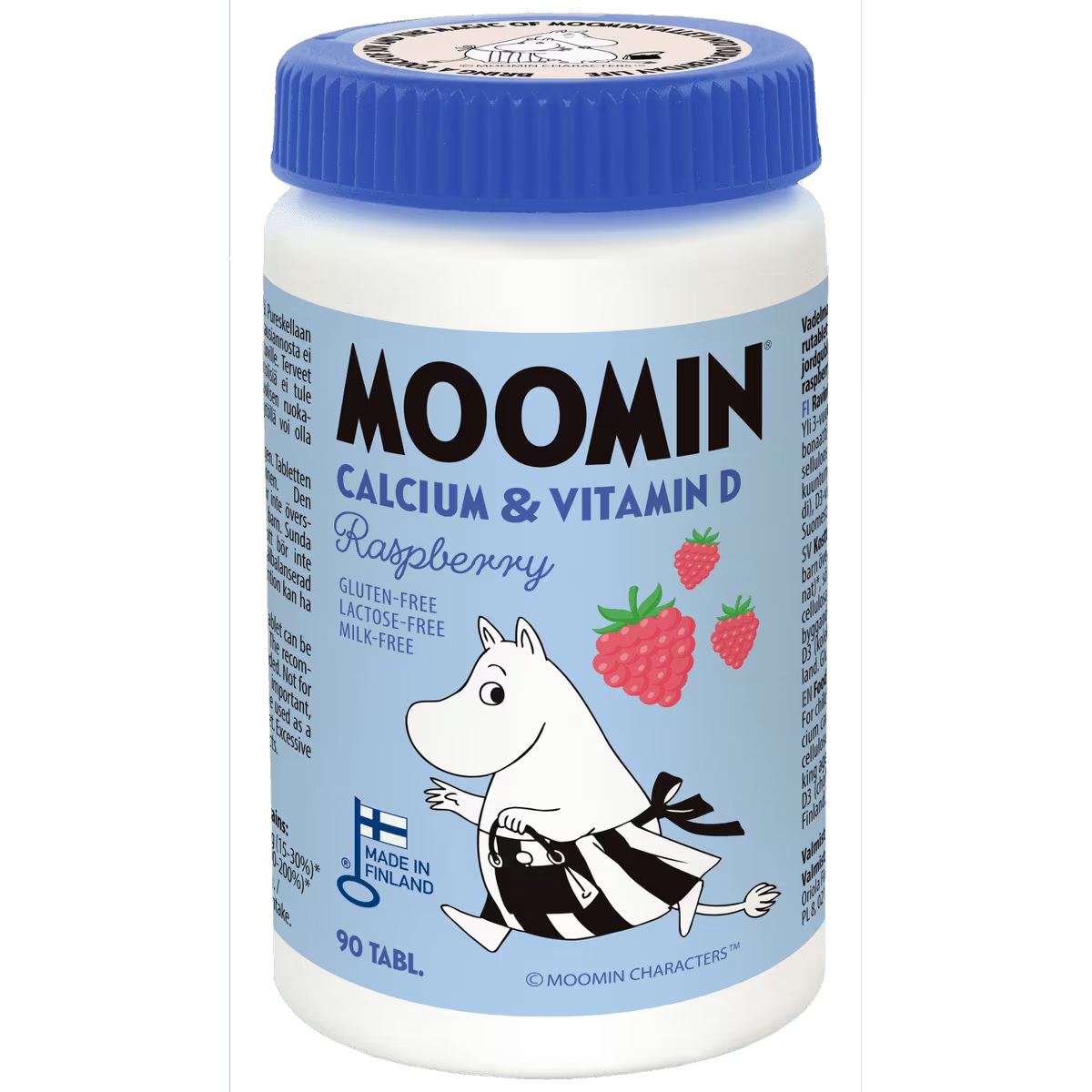 Moomin Kalsium 120 mg & D-vitamiini 5 µg vadelma 90purutabl.