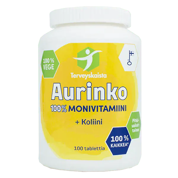 Aurinko100% Monivitamiini + koliini 100 tabl, Terveyskaista
