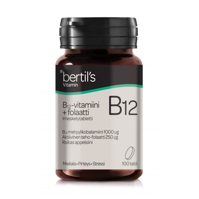 B12-vitamiini 1000µg + Folaatti 250µg imeskelytabl. 100 tabl, Bertil's