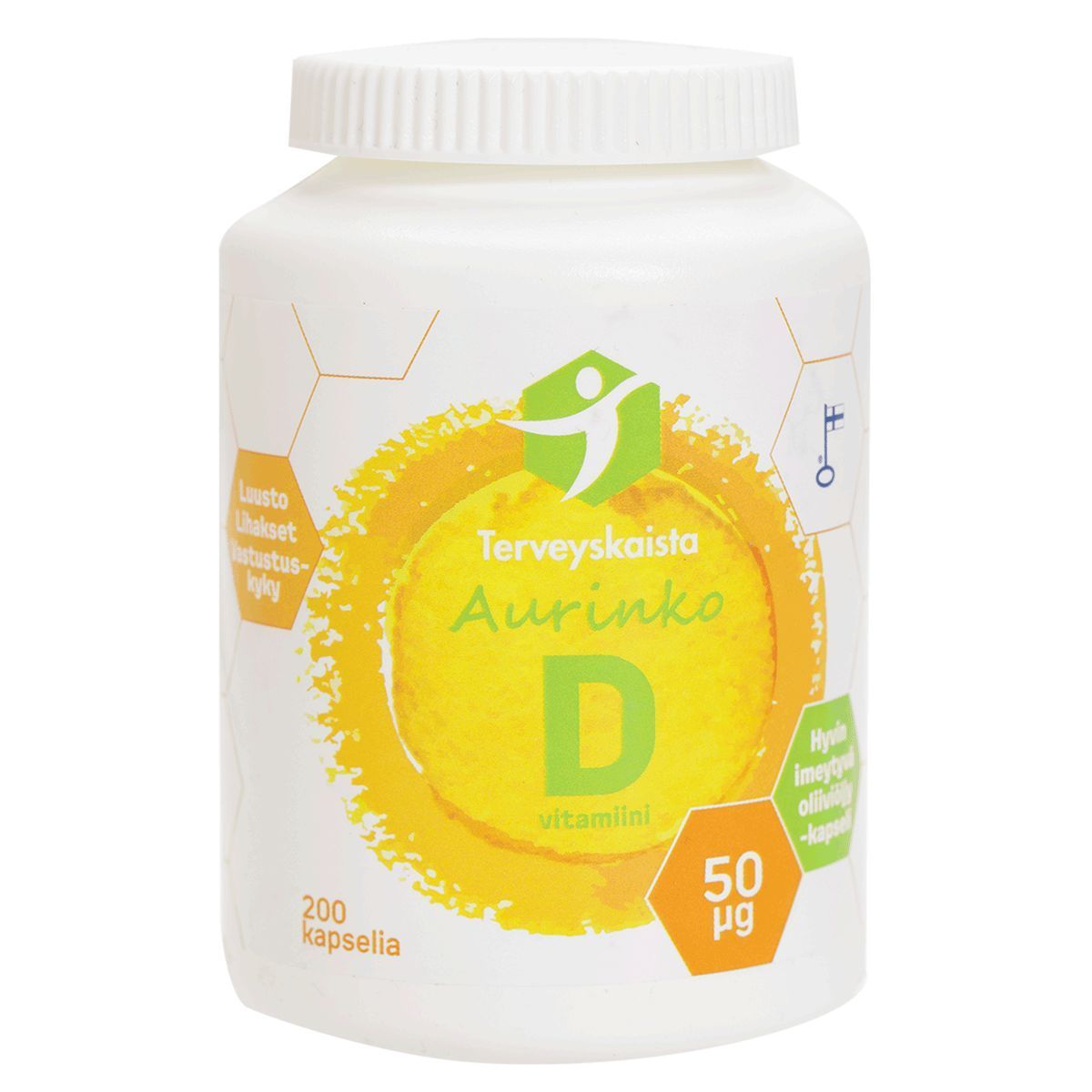 D-vitamiini Aurinko D3 50µg Extra virgin oliiviöljyssä 200 kaps, Terveyskaista