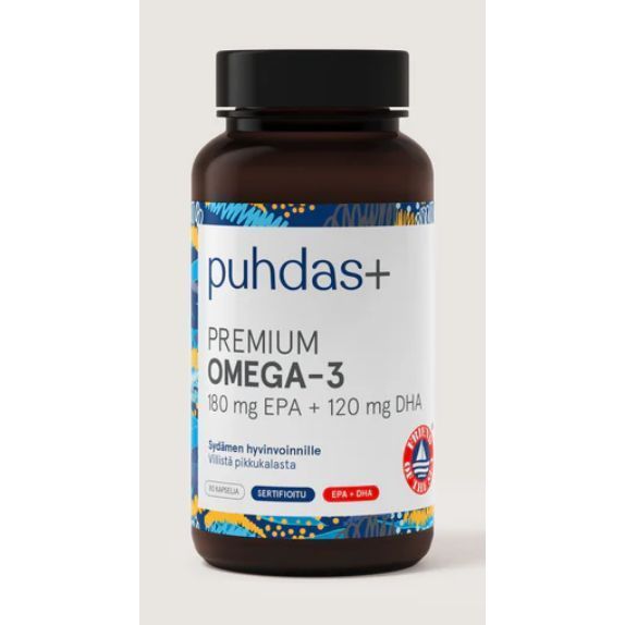 Omega-3 Premium EPA 180mg DHA 120mg 160 kaps, Puhdas+