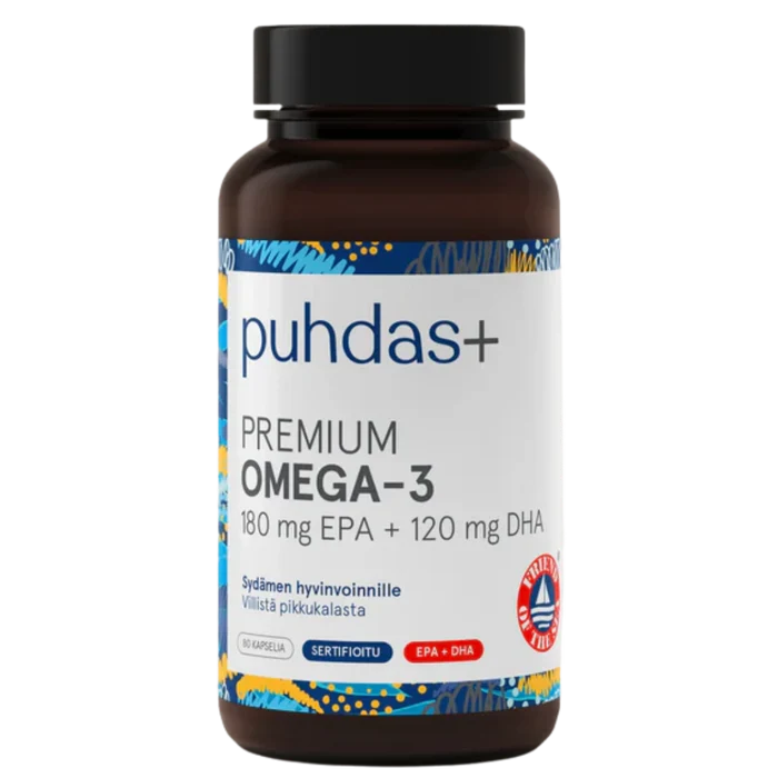 Premium Omega-3 180 mg EPA + 120 mg DHA 80 kaps, Puhdas+