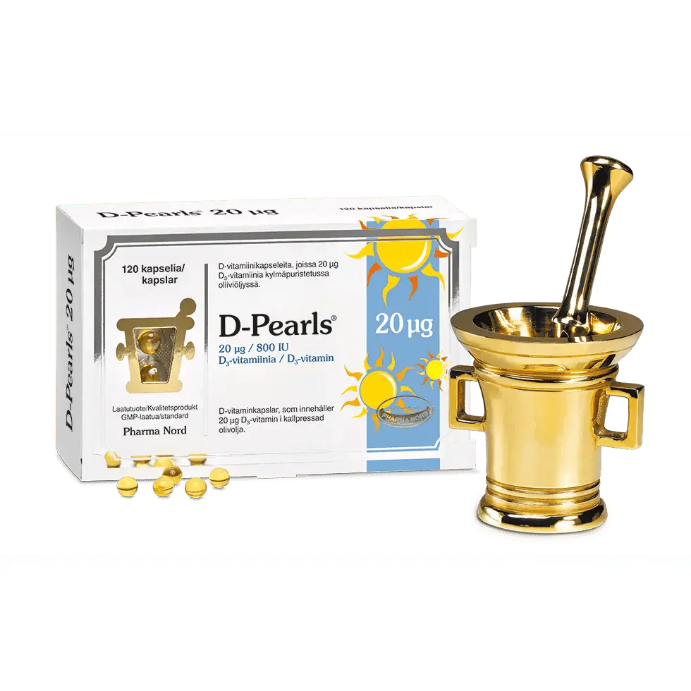 D-Pearls 20 μg D-vitamiini oliiviöljyssä 120 kaps, Pharma Nord
