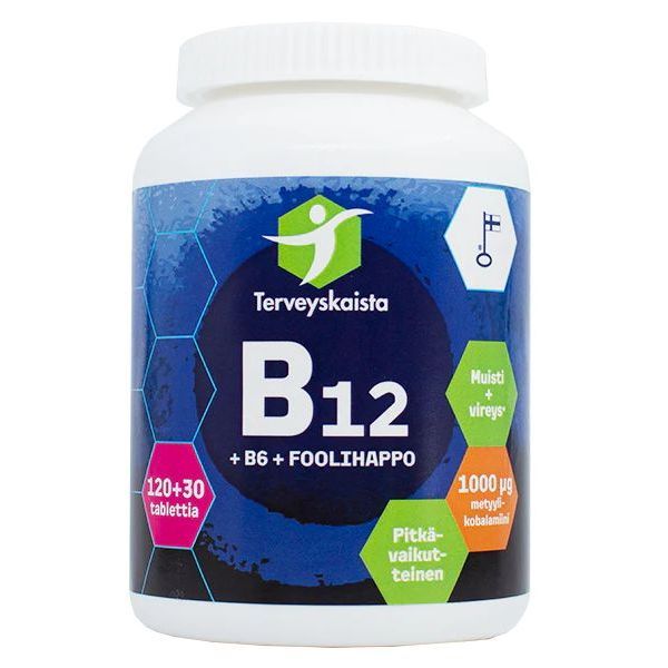 B12-vitamiini 1000µg + B6 + Foolihappo 400µg 120+30 tabl, Terveyskaista