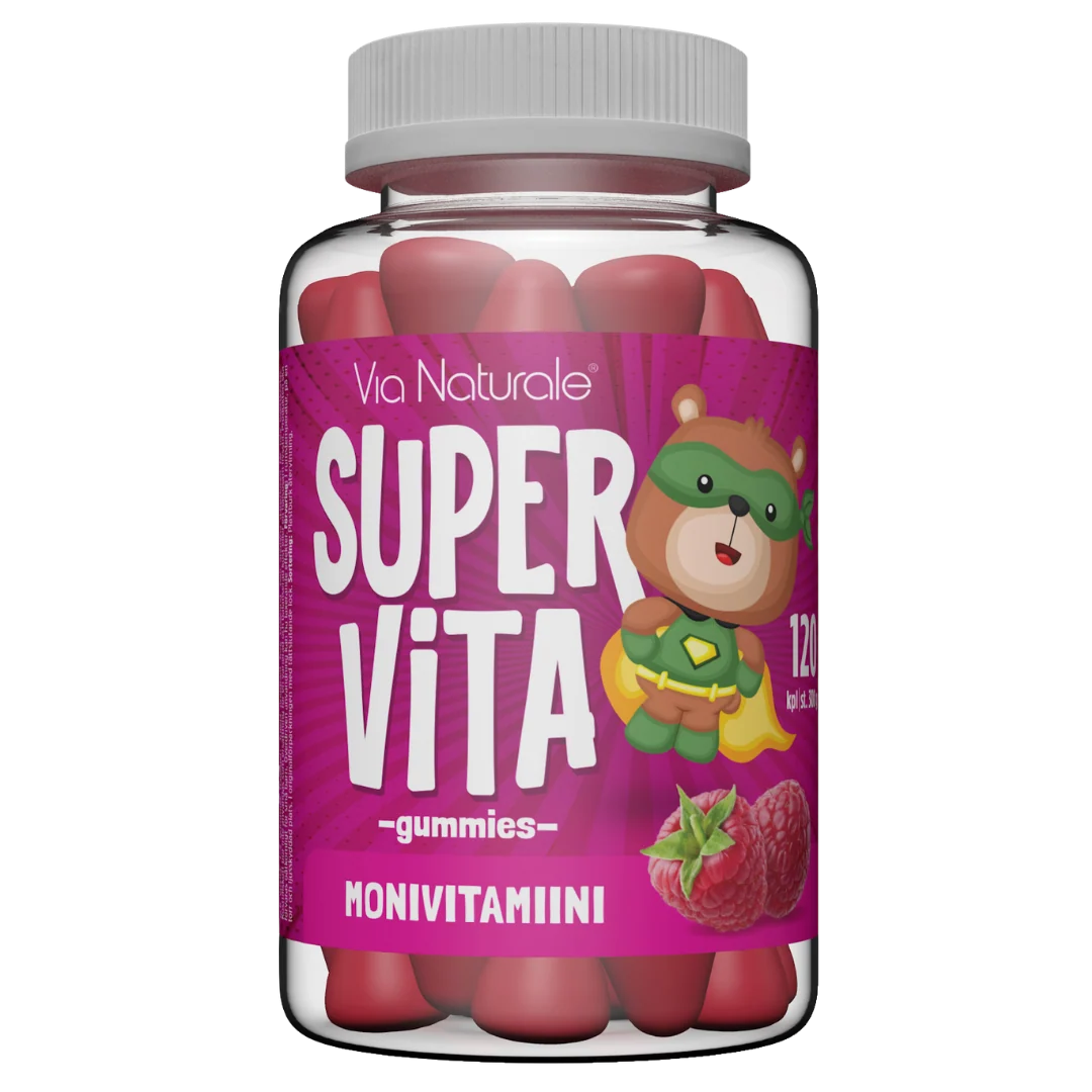 SuperVita Monivitamiini Gummies - Vadelma 120 kpl, Via Naturale