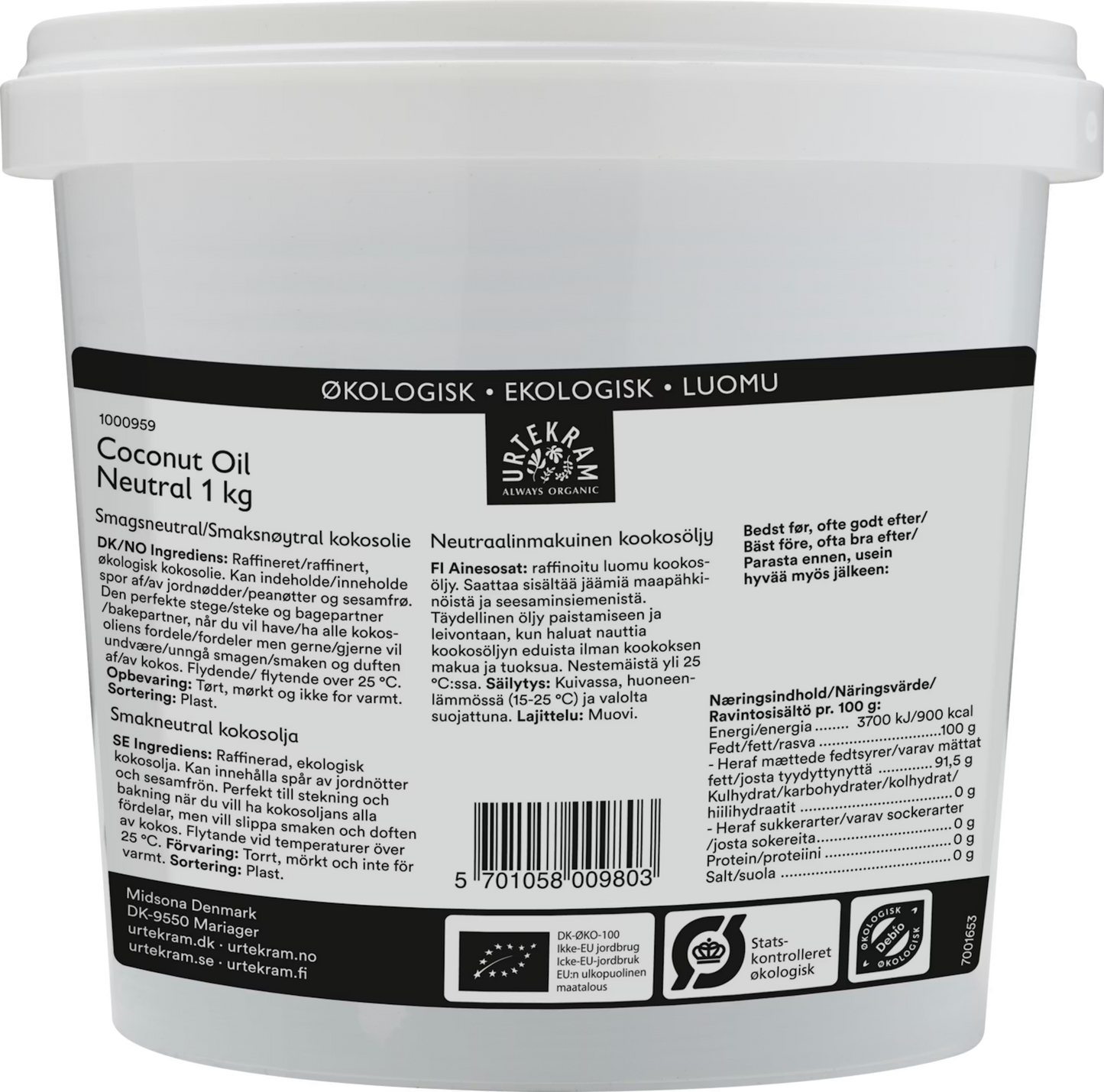 Urtekram neutraalinmakuinen kookosöljy 1kg luomu