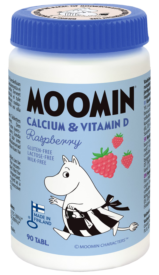 Moomin Kalsium 120 mg & D-vitamiini 5 µg vadelma 90purutabl.