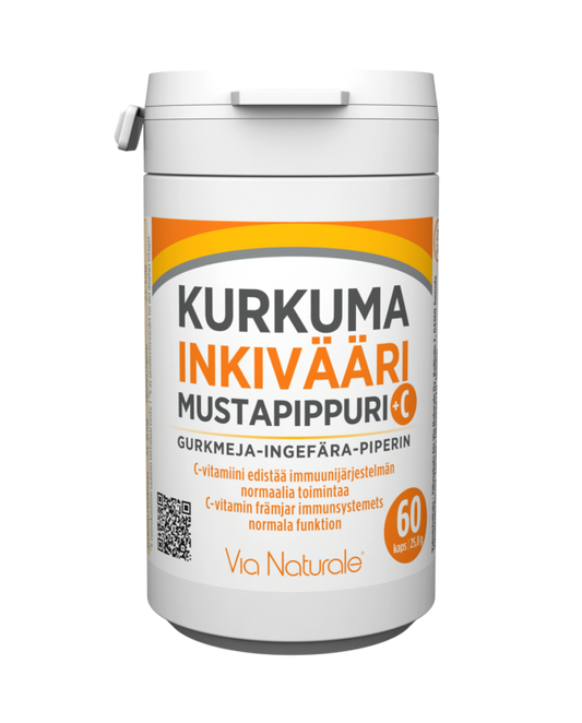 Kurkuma – Inkivääri – Mustapippuri + C-vitamiini 60tabl, Via Naturale