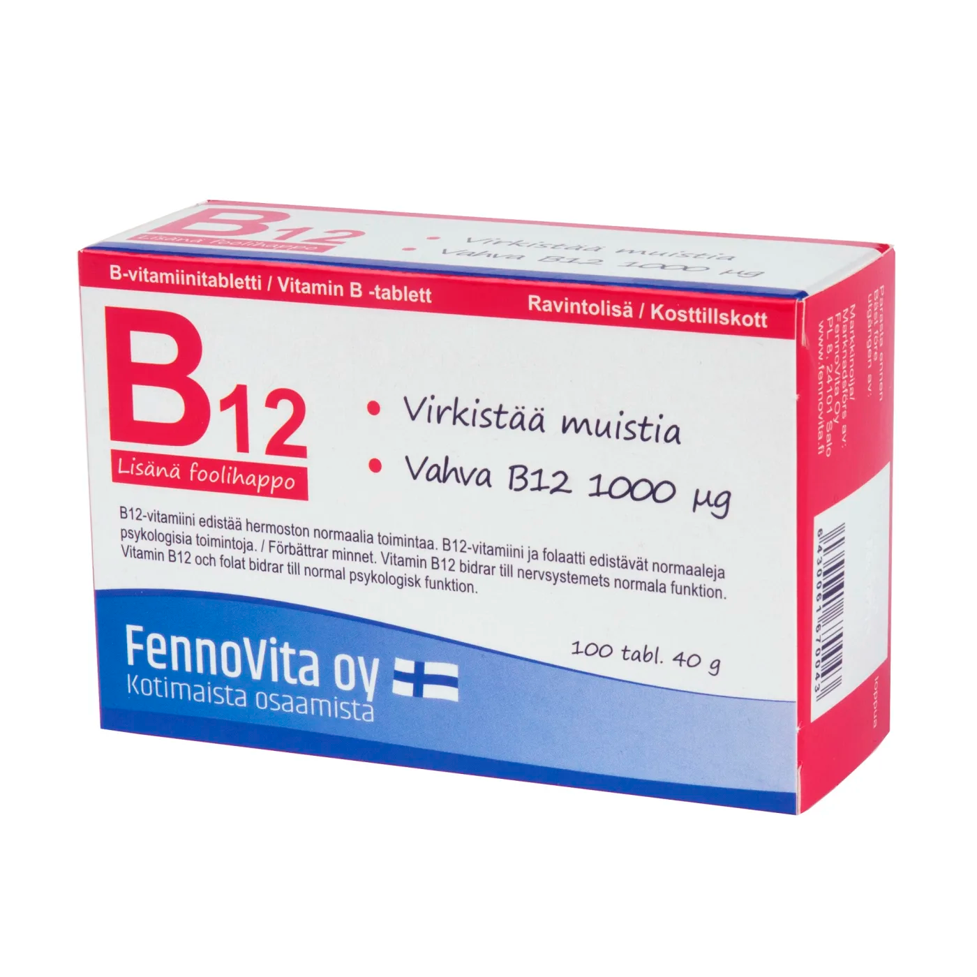 B12 vitamiini 1000µg+foolihappo 100 tabl, Fennovita