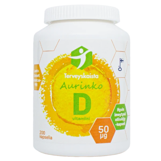 D-vitamiini Aurinko D3 50µg Extra virgin oliiviöljyssä 200 kaps, Terveyskaista