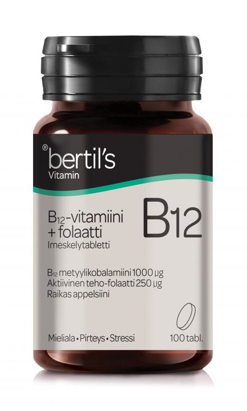 B12-vitamiini 1000µg + Folaatti 250µg imeskelytabl. 100kpl, Bertils