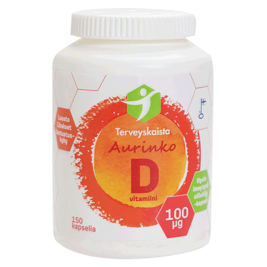 D-vitamiini Aurinko D3 100µg Extra virgin oliiviöljyssä 150kaps., Terveyskaista