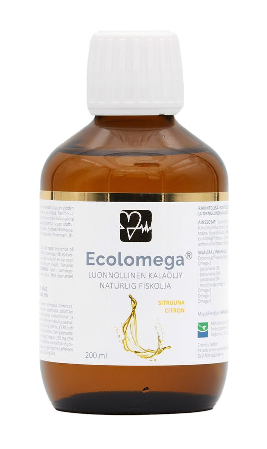 Ecolomega Kalaöljy Sitruuna Omega-3 6 7 ja 9 rasvahapot 200ml, Natura Media