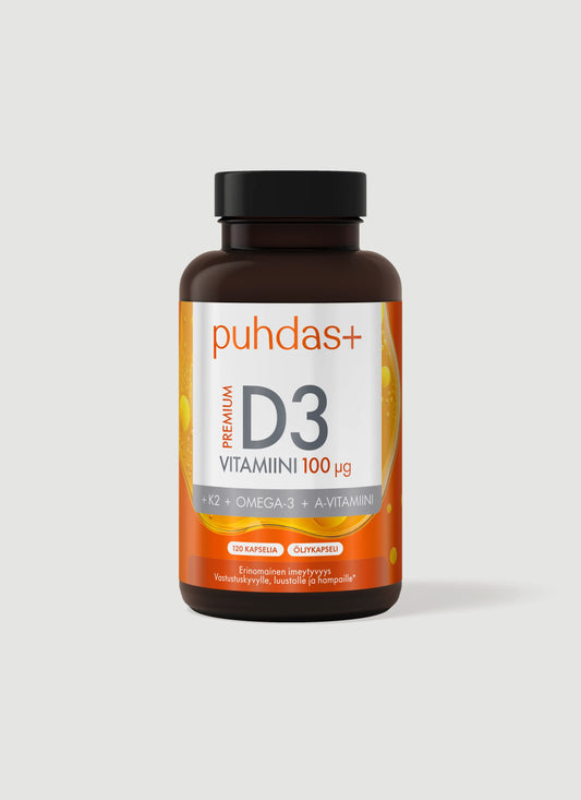 D3-vitamiini 100 µg + K2 + Omega-3 + A-vitamiini  120 kaps, Puhdas+