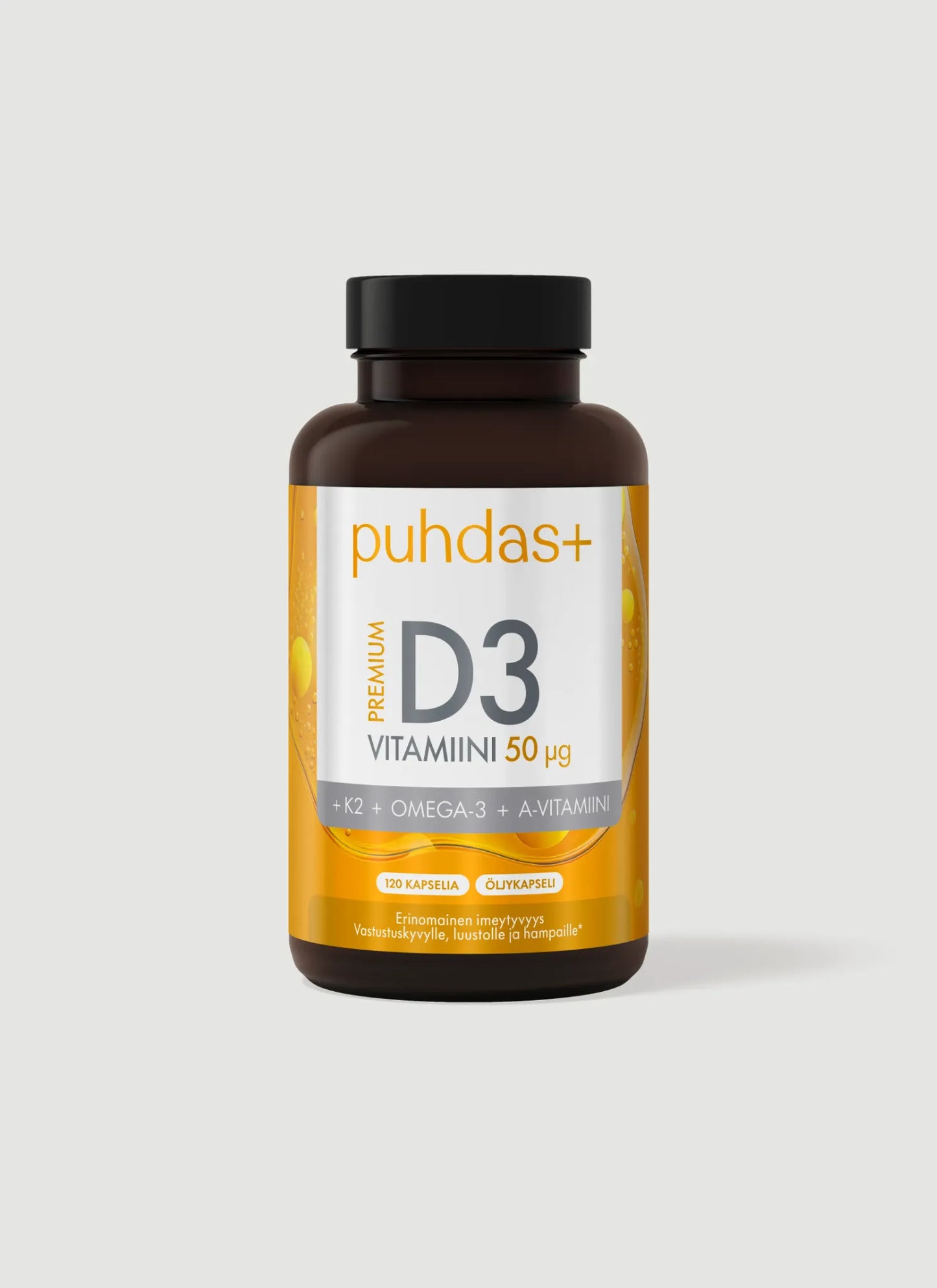 D3-vitamiini 50 µg + K2 + Omega-3 + A-vitamiini  120 kaps, Puhdas+