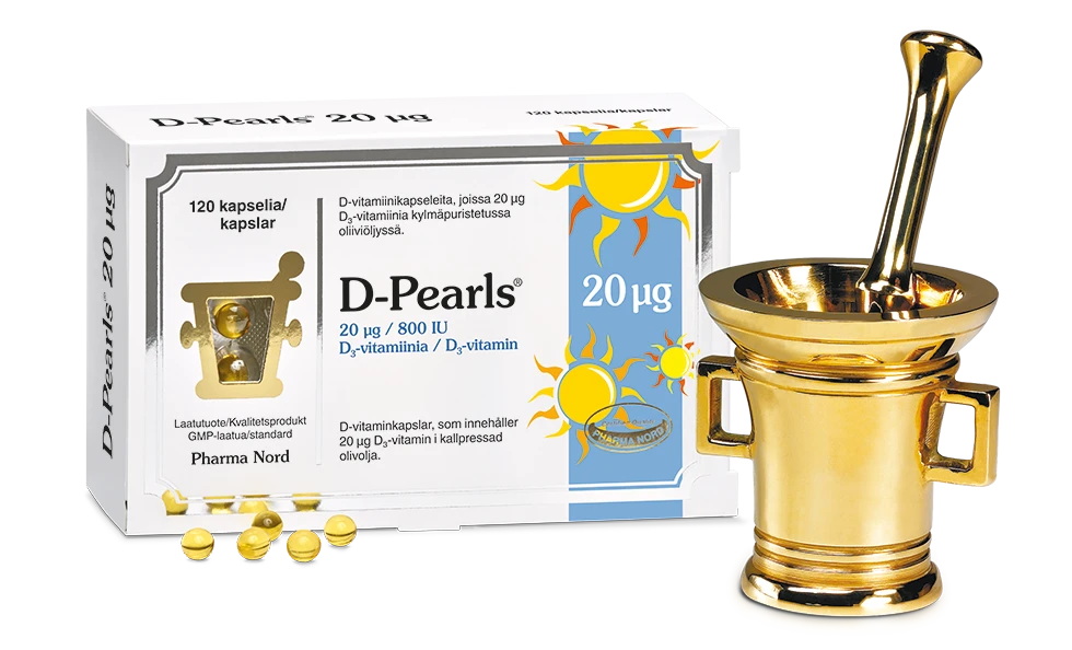 D-Pearls 20 μg D-vitamiini oliiviöljyssä 120 kaps, Pharma Nord