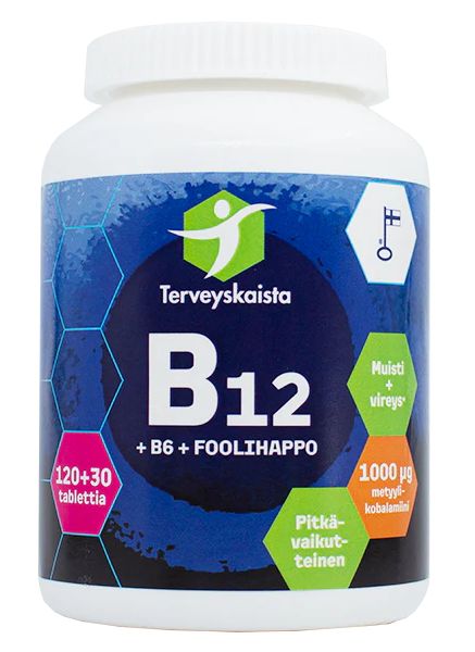 B12-vitamiini 1000µg + B6 + Foolihappo 400µg 120+30tabl., Terveyskaista