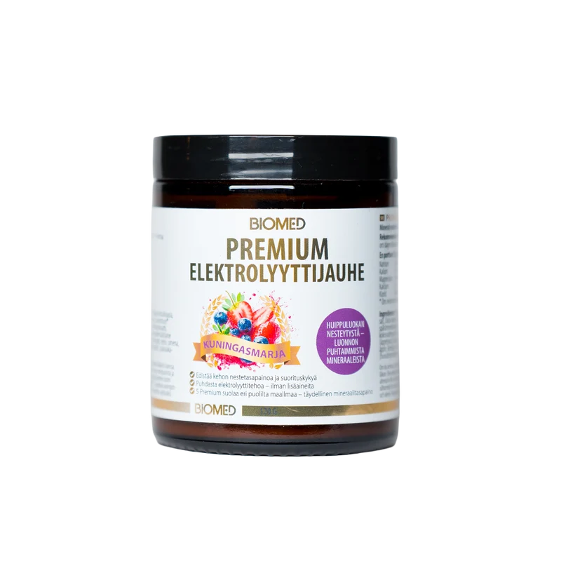 Premium Elektrolyyttijauhe – Kuningasmarja 120g, Biomed