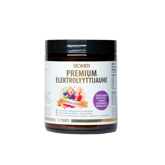 Premium Elektrolyyttijauhe – Kuningasmarja 120g, Biomed