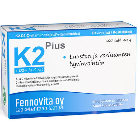 K2 Plus 200 µg +D3 ja C-vitamiini 100 tabl, FennoVita