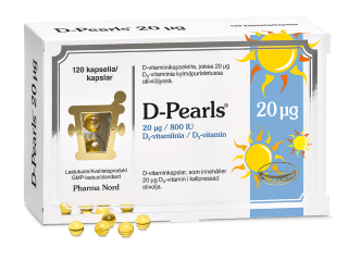 D-Pearls 20 μg D-vitamiini oliiviöljyssä 120 kaps, Pharma Nord